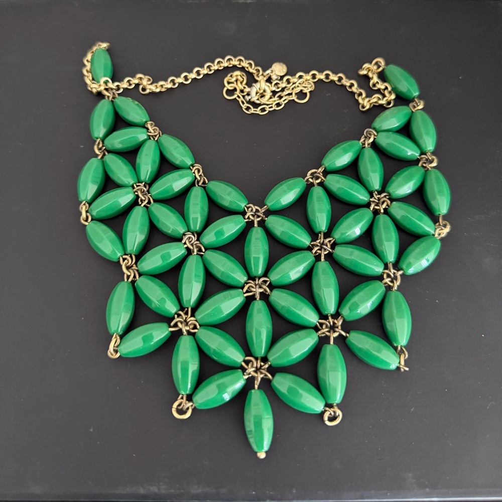 J.Crew Green Statement Necklace Gold Tone Bib Necklace Bold Chunky with pouch